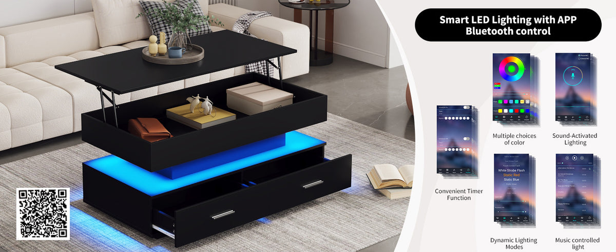 Hydraulic lift-top coffee table with app-controlled LED, black