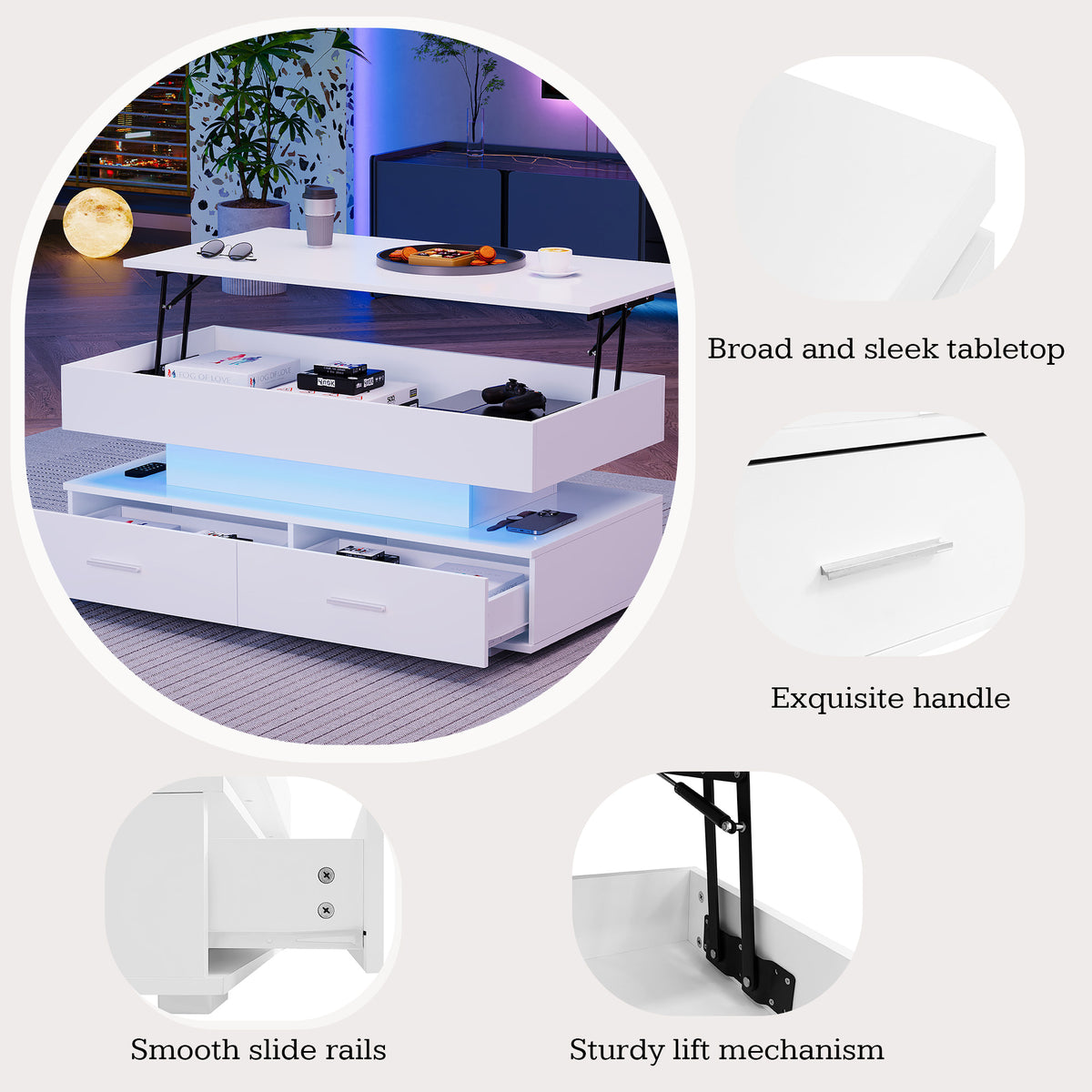 Hydraulic lift-top coffee table with app-controlled LED, white