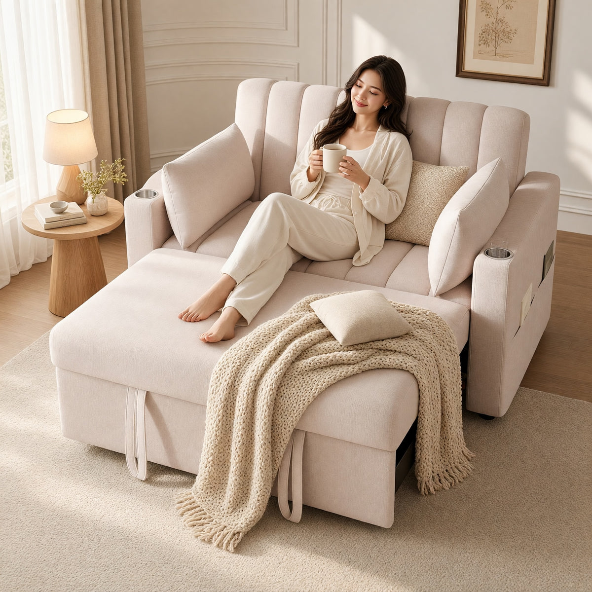 Multi-Function Sofa Bed with Adjustable Backrest, Beige