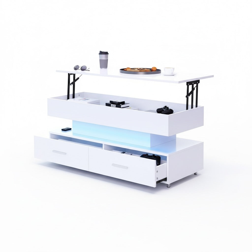 Hydraulic Lift-Top Coffee Table with App-Controlled LED, 100 cm, White
