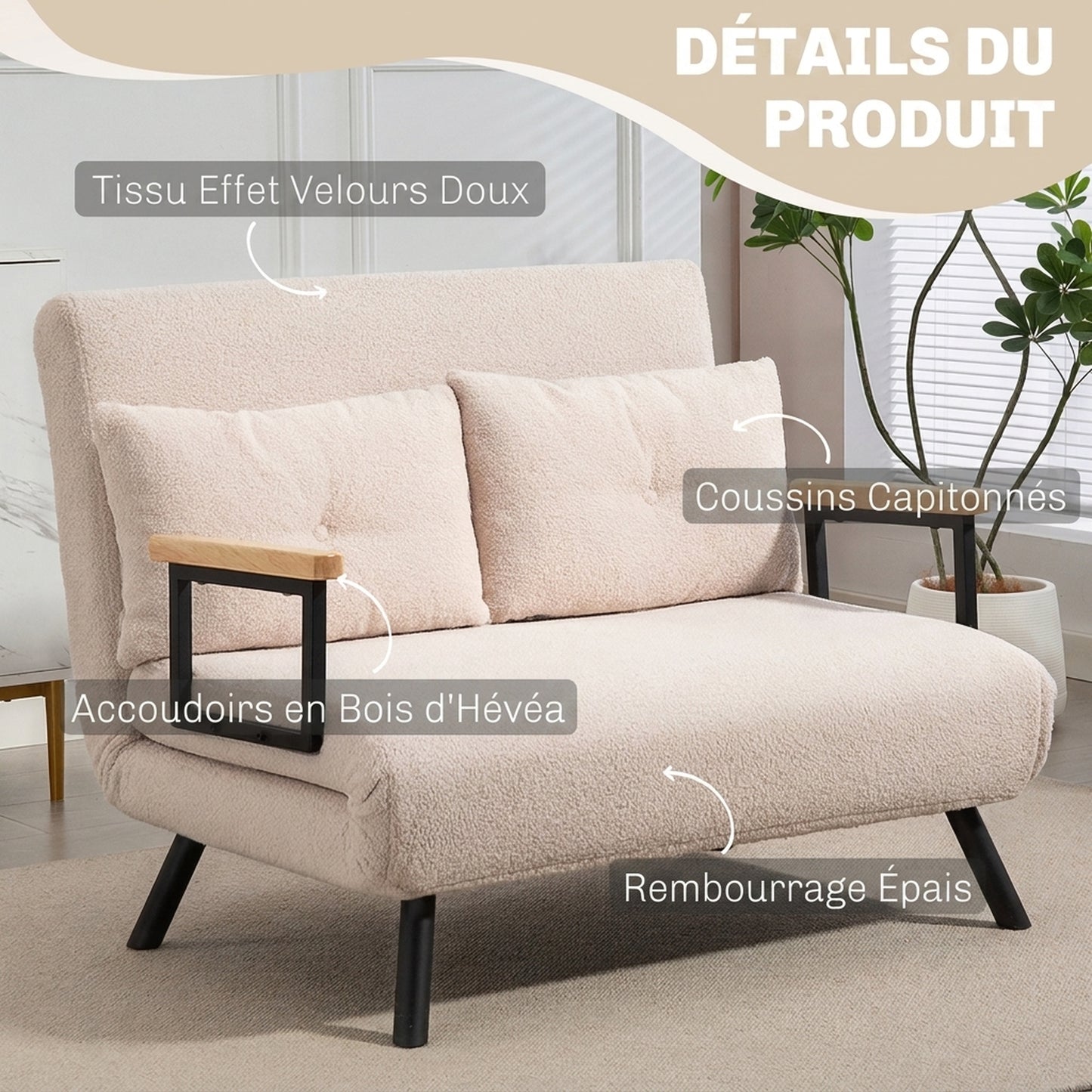 4-in-1 Convertible 2-Seater Sofa Bed – 5-Position Backrest, 2 Cushions, Beige