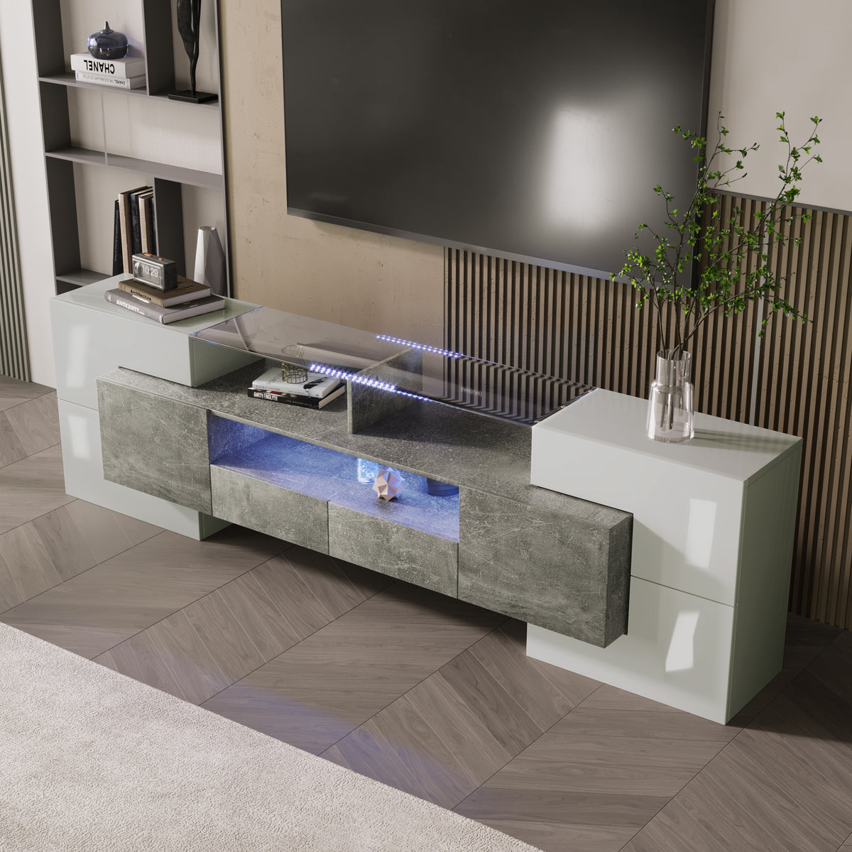 High-gloss TV cabinet with LED lighting, detail