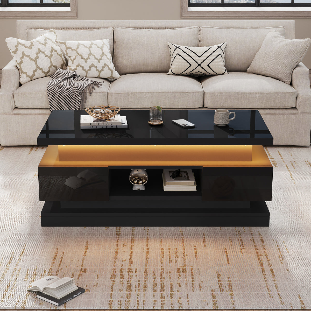 High-gloss lift-top coffee table with LED and USB, black