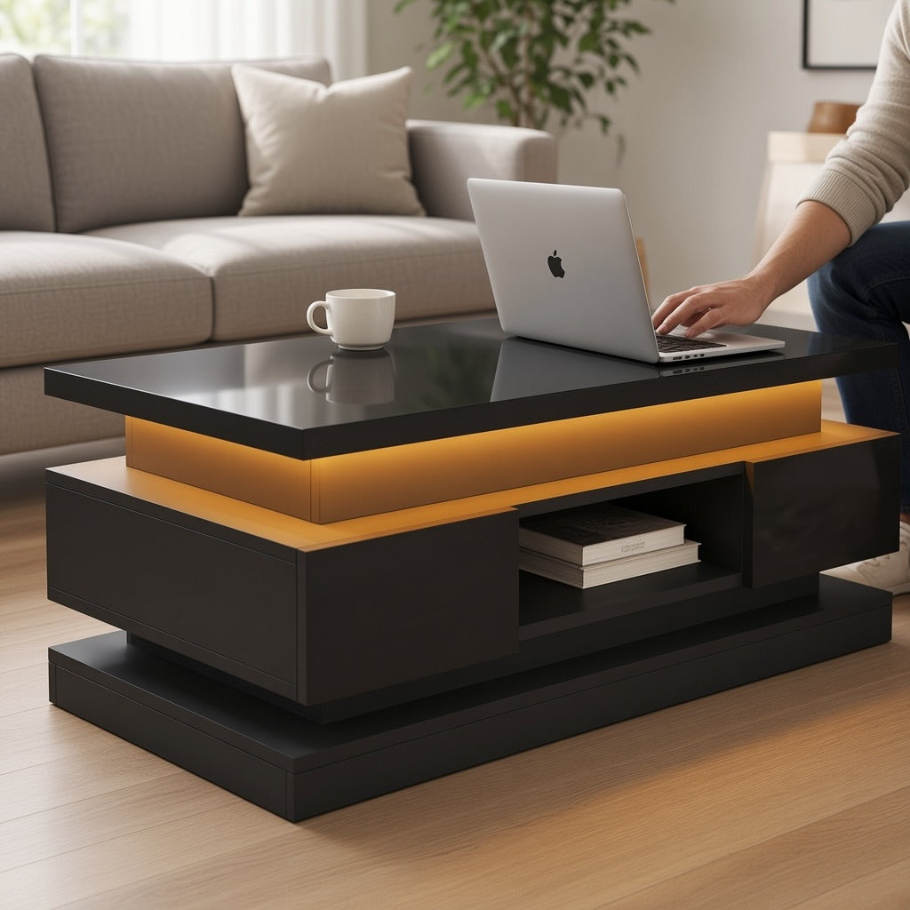 High-Gloss Lift-Top Coffee Table with LED and USB, 100 cm, Black