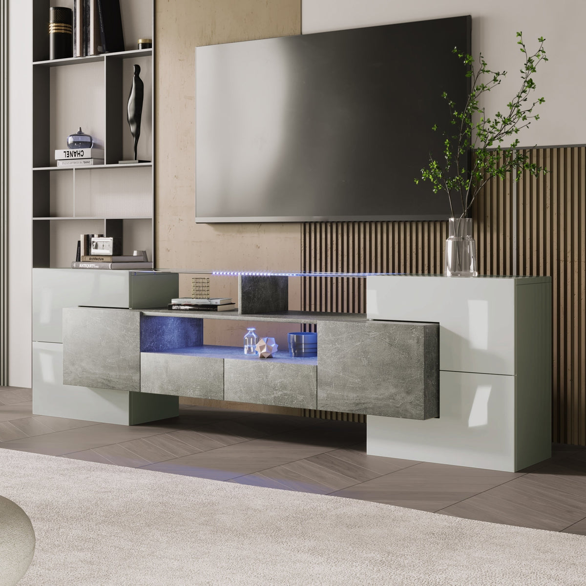High-Gloss TV Cabinet with LED Lighting and Glass Top, 200 cm