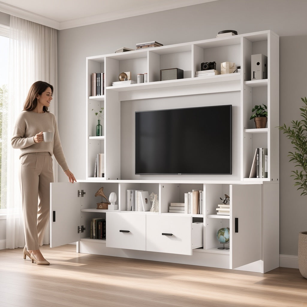 White TV Wall Unit with Display Showcase, 180 × 35 × 170 cm, Media Wall