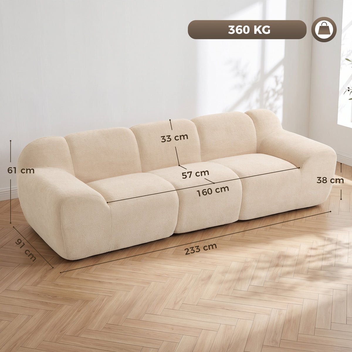 3-Seater Cloud Sofa 233cm – Chenille, Deep Seat, Wide Armrests, Beige
