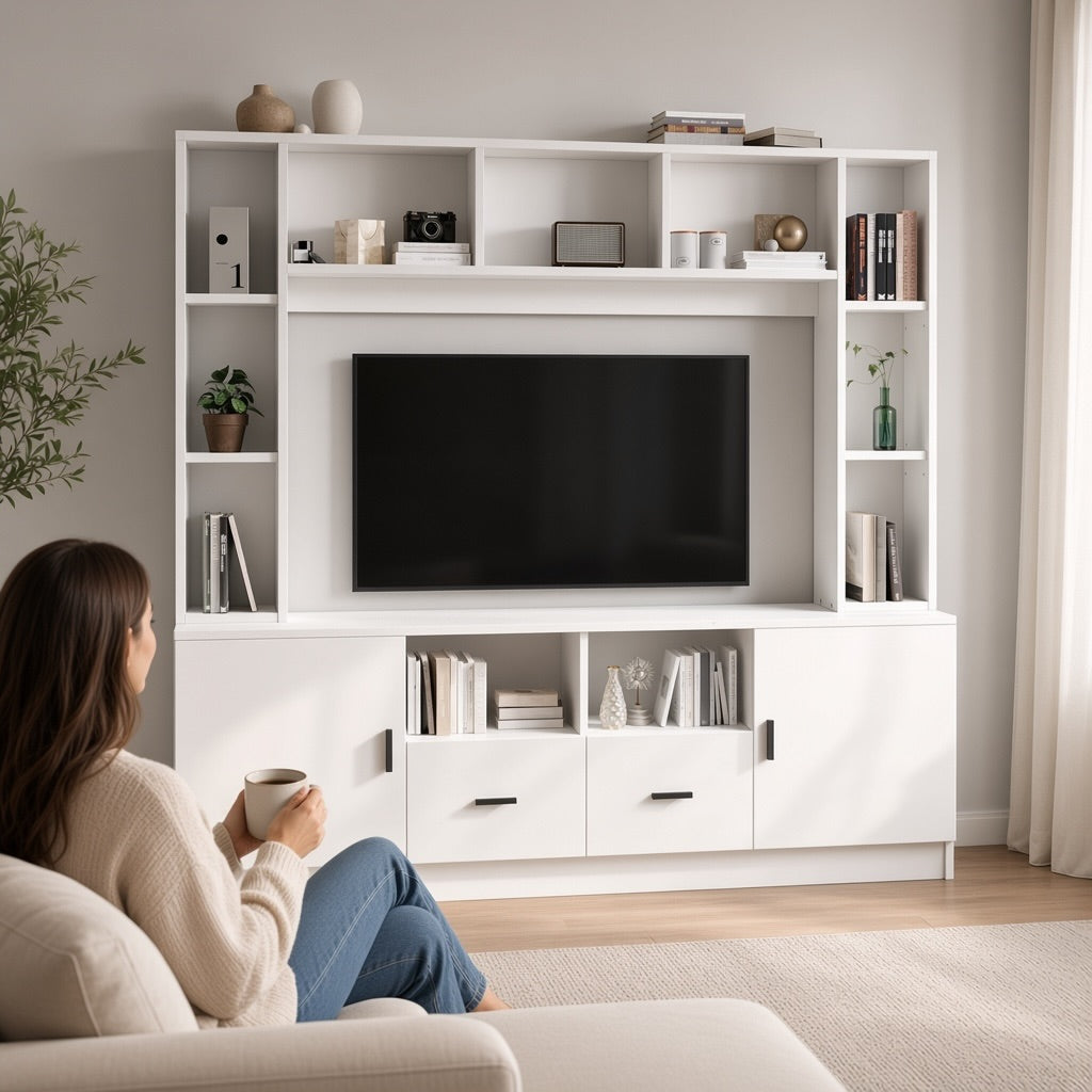 White TV Wall Unit with Display Showcase, 180 × 35 × 170 cm, Media Wall