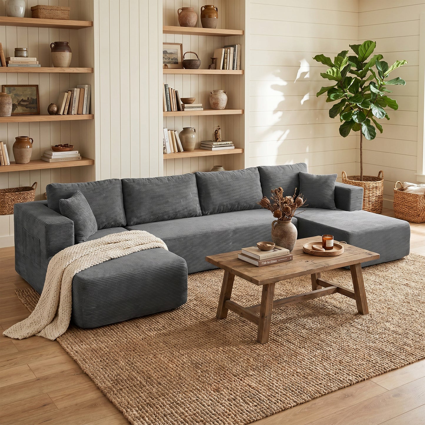 Canapé Modulaire en U 4 Places, 2 Méridiennes, Canapé 2 Places, 6 Coussins, Sans Montage, 369 x 152 x 78 cm, Gris