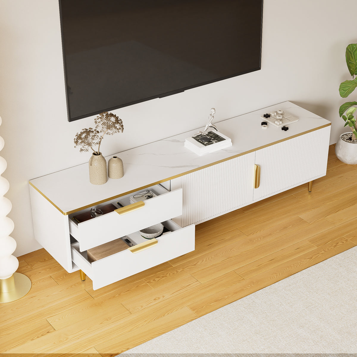TV Cabinet with Carved Texture and Golden