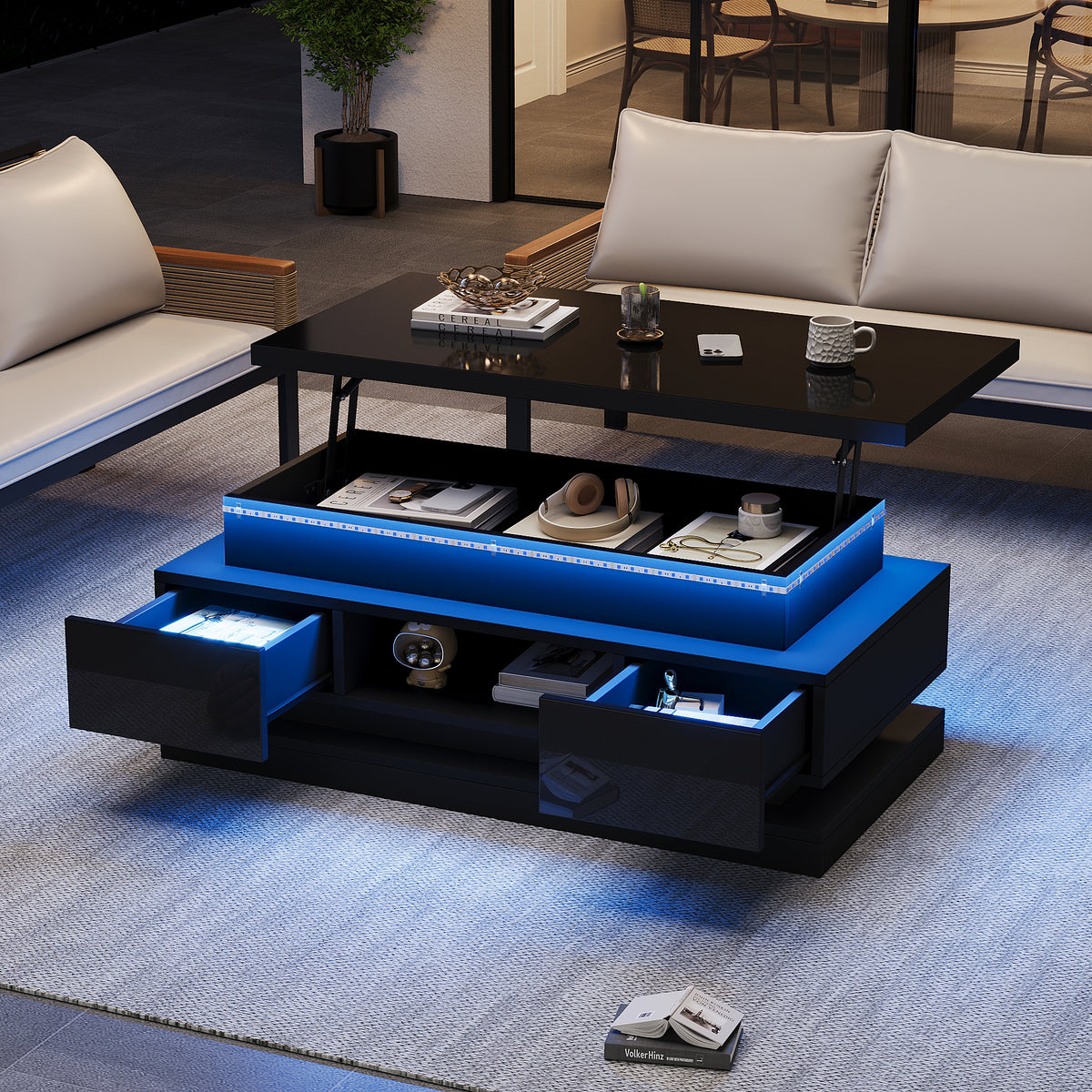 High-gloss lift-top coffee table with LED and USB, black