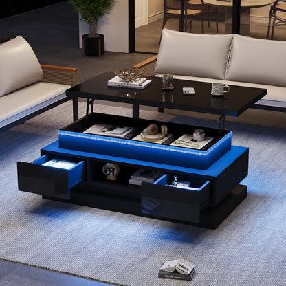 High-gloss lift-top coffee table with LED and USB, black