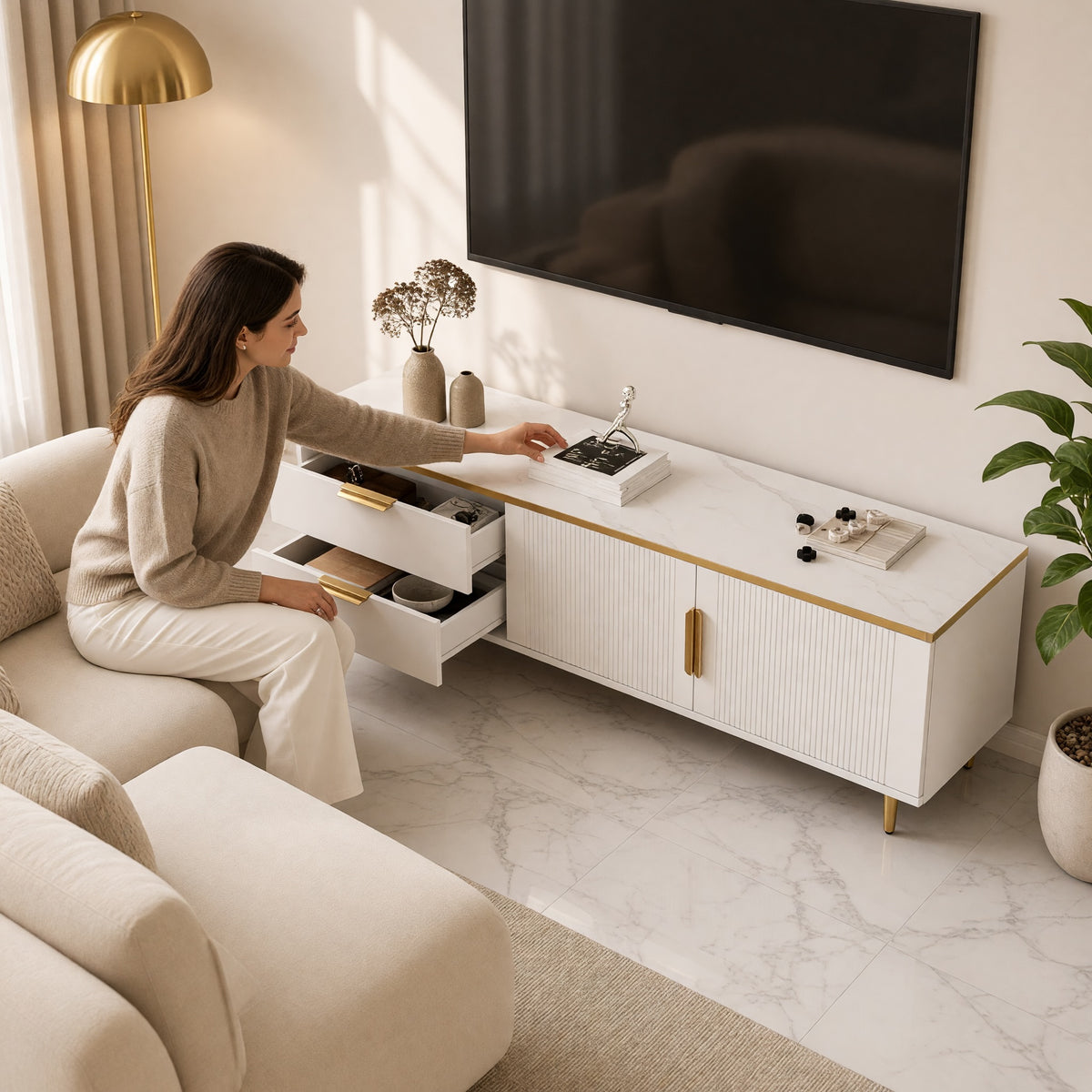 TV Cabinet with Carved Texture and Golden Handles, 170 cm, White