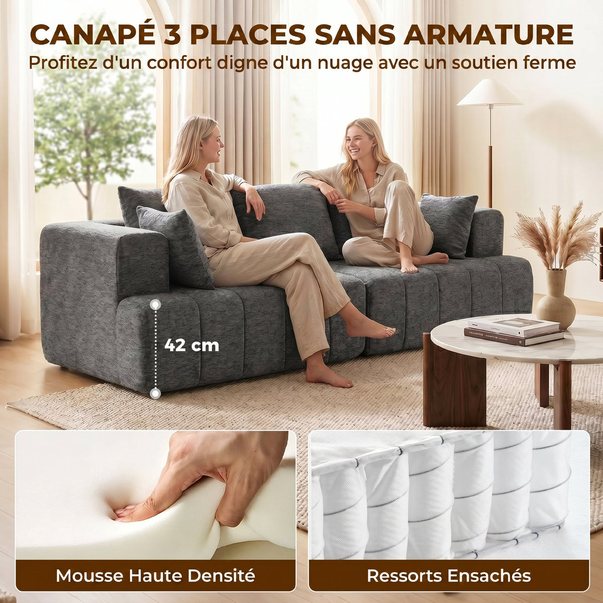 3-Seater Chenille Sofa 248cm – Modern, Wide Cushioned Seat, Spring Cushions, Grey
