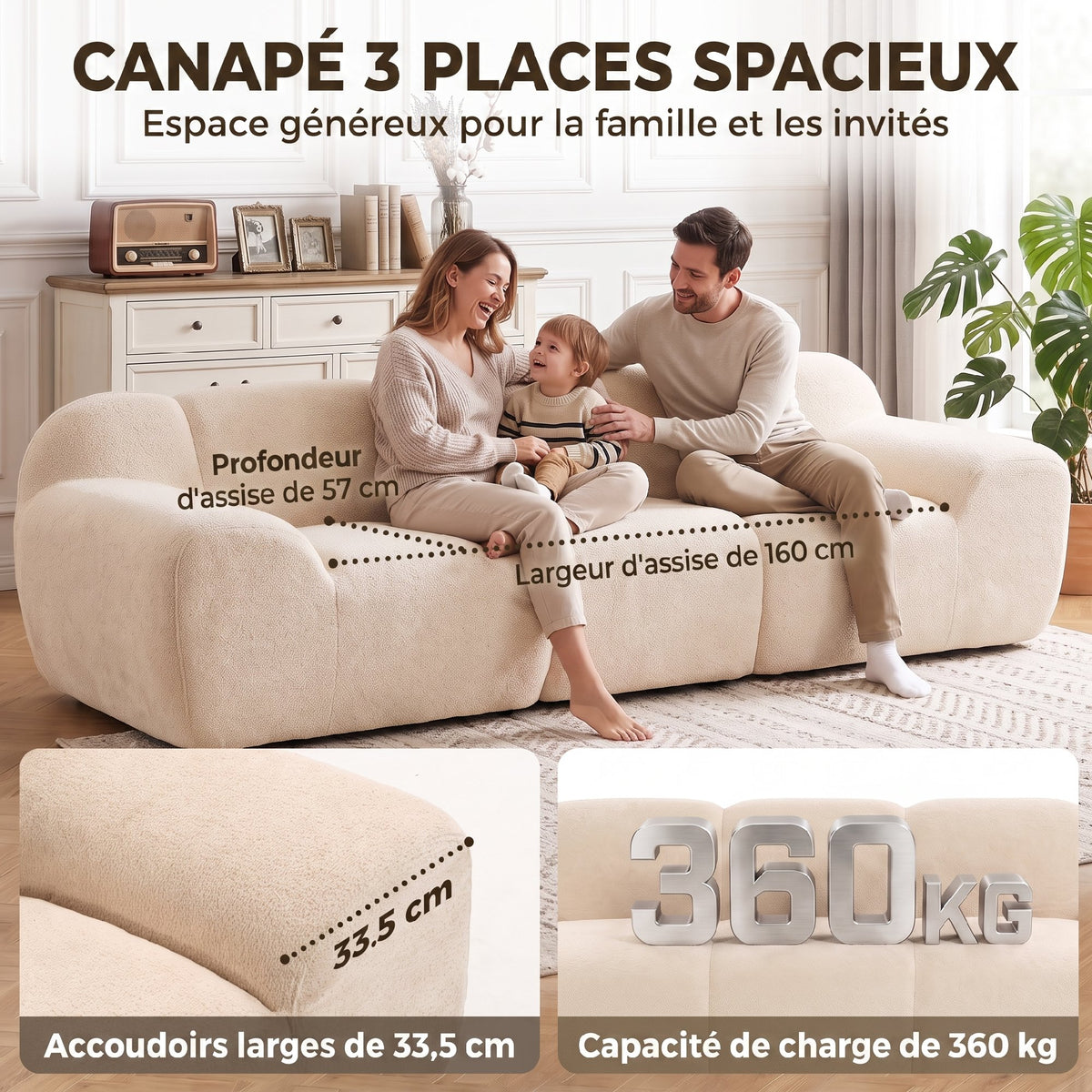 3-Seater Cloud Sofa 233cm – Chenille, Deep Seat, Wide Armrests, Beige