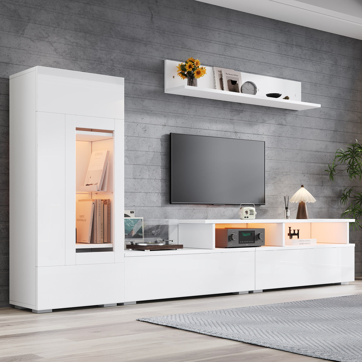 high gloss white TV wall unit with LED lighting