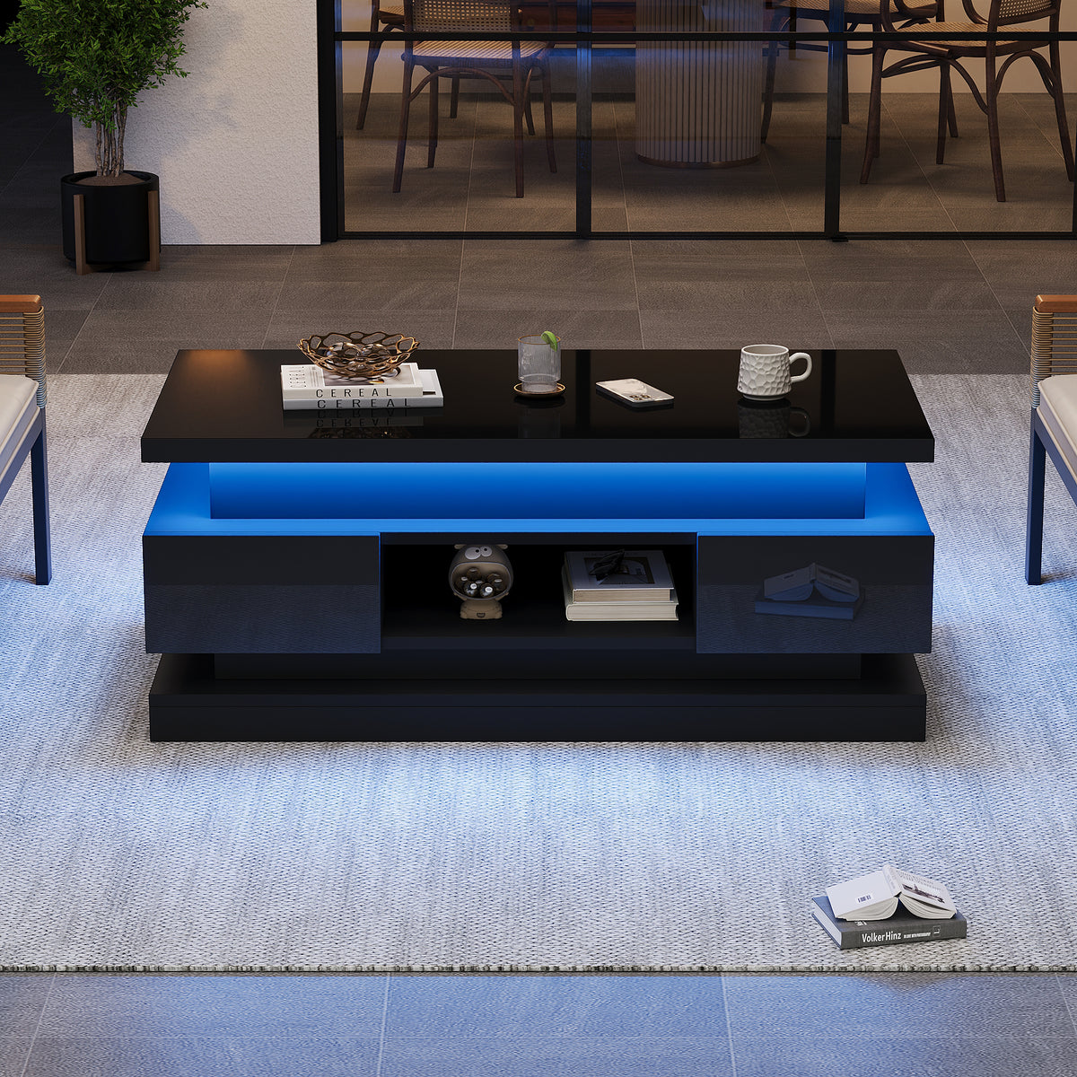 High-gloss lift-top coffee table with LED and USB, black
