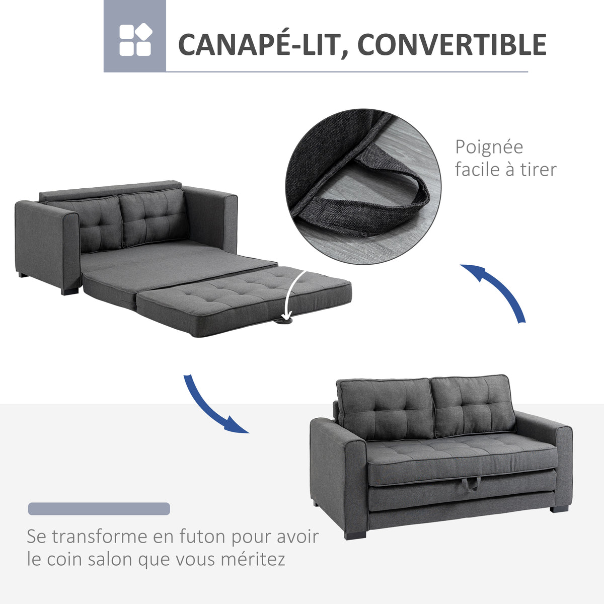 Canapé Convertible 2 Places Gris Capitonné – Confort Contemporain