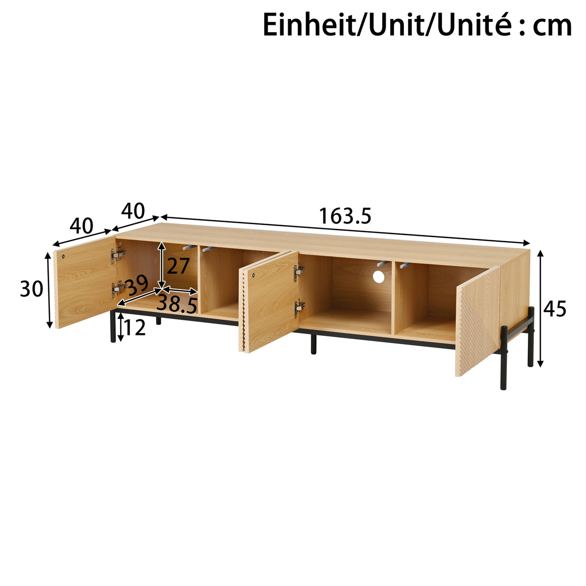 Modern TV cabinet with 4 doors, open showing storage