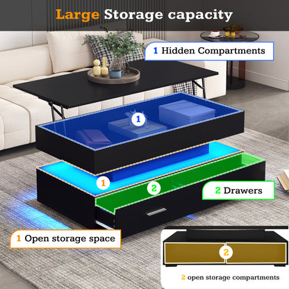 Hydraulic lift-top coffee table with app-controlled LED, black