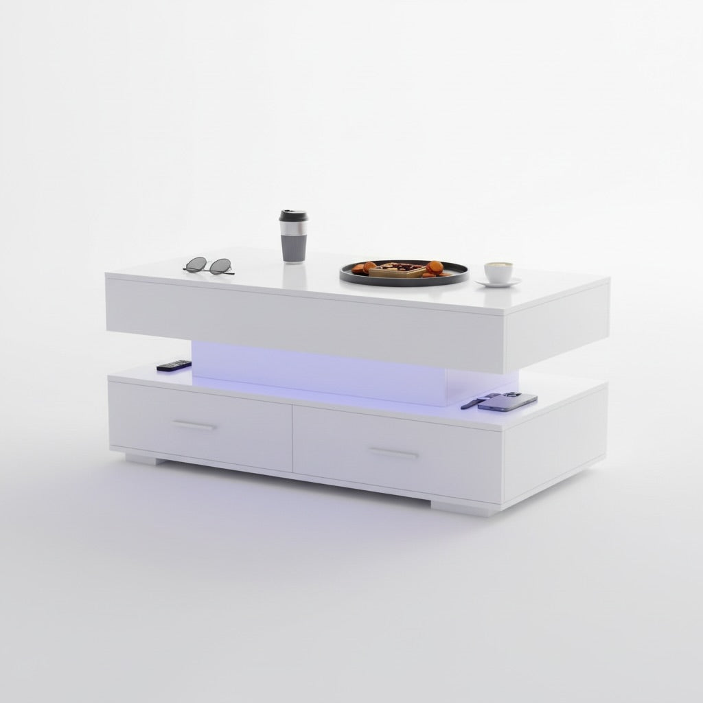 Hydraulic Lift-Top Coffee Table with App-Controlled LED, 100 cm, White