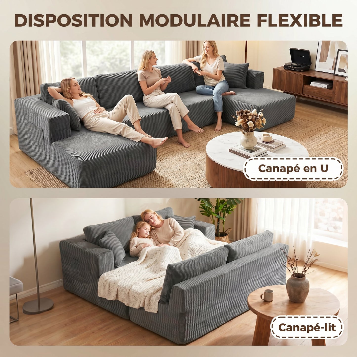 Canapé Modulaire en U 4 Places, 2 Méridiennes, Canapé 2 Places, 6 Coussins, Sans Montage, 369 x 152 x 78 cm, Gris