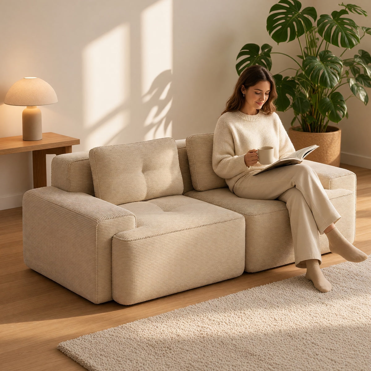 Cloud Loveseat Sofa Bed, 2-Seater Modular Corduroy Sofa, Beige