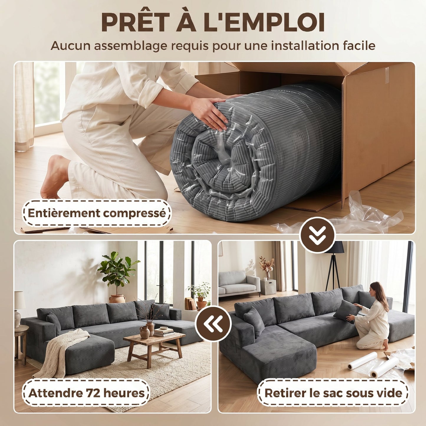 Canapé Modulaire en U 4 Places, 2 Méridiennes, Canapé 2 Places, 6 Coussins, Sans Montage, 369 x 152 x 78 cm, Gris