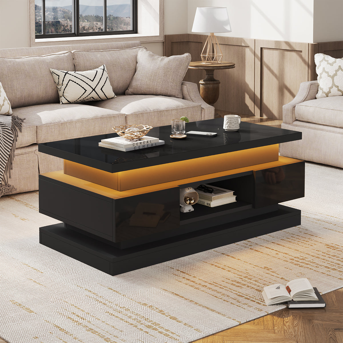 High-gloss lift-top coffee table with LED and USB, black