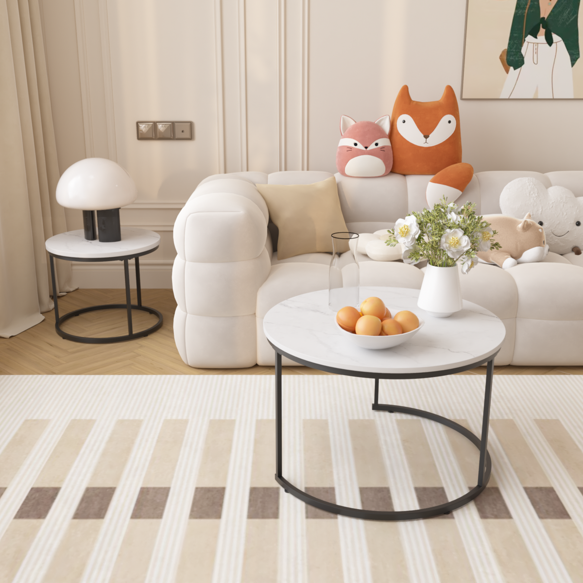 Round Nesting Coffee Tables Set of 2 Marble Look