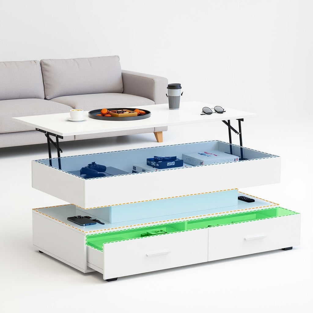 Hydraulic Lift-Top Coffee Table with App-Controlled LED, 100 cm, White