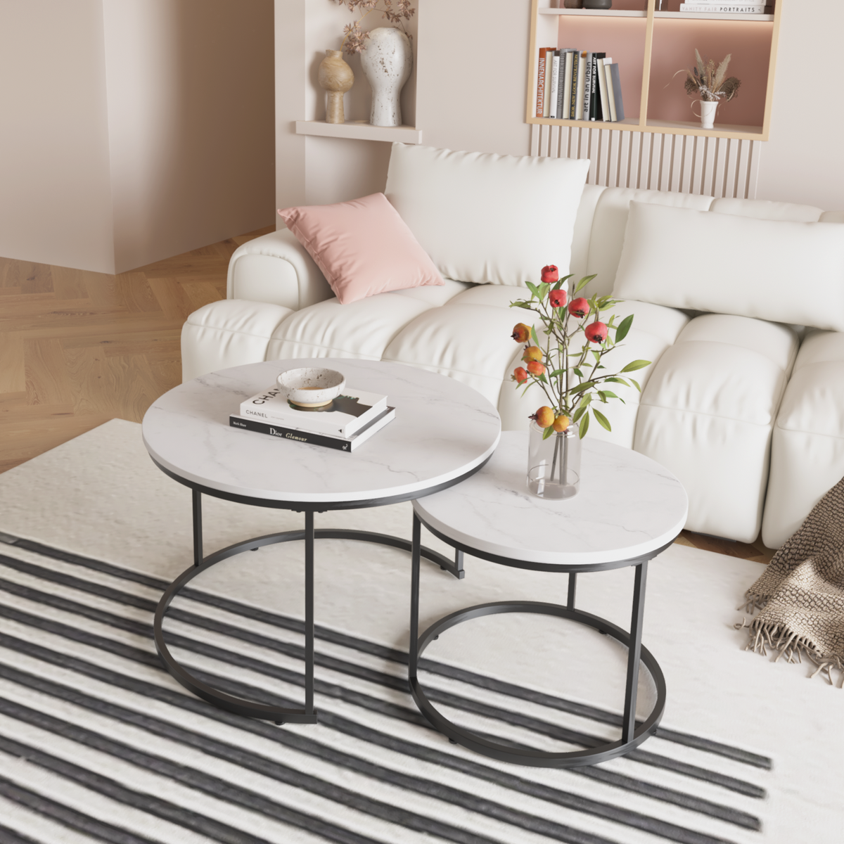 Round Nesting Coffee Tables Set of 2 Marble Look