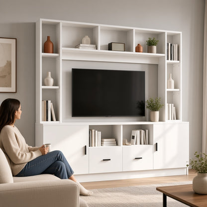 White TV Wall Unit with Display Showcase, 180 × 35 × 170 cm, Media Wall