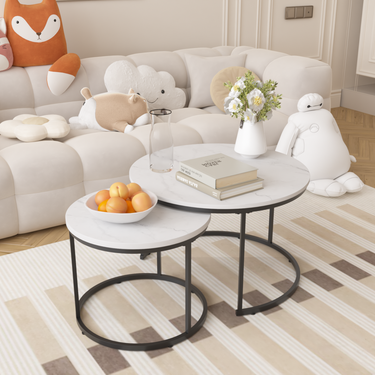 Round Nesting Coffee Tables Set of 2 Marble Look