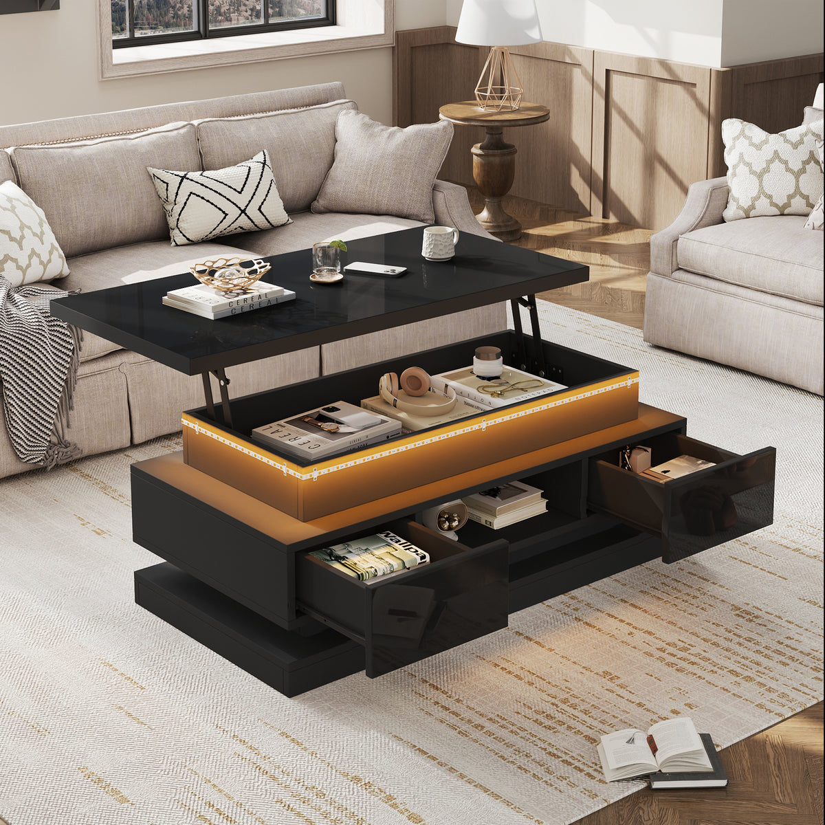 High-gloss lift-top coffee table with LED and USB, black