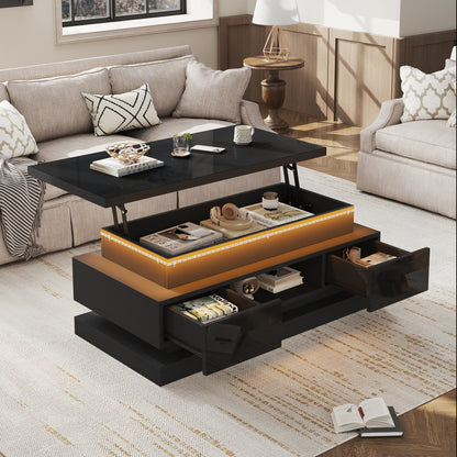 High-gloss lift-top coffee table with LED and USB, black