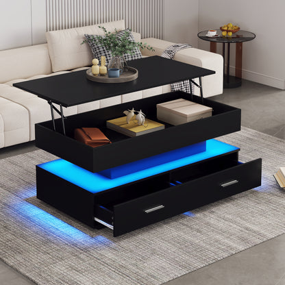 Hydraulic lift-top coffee table with app-controlled LED, black