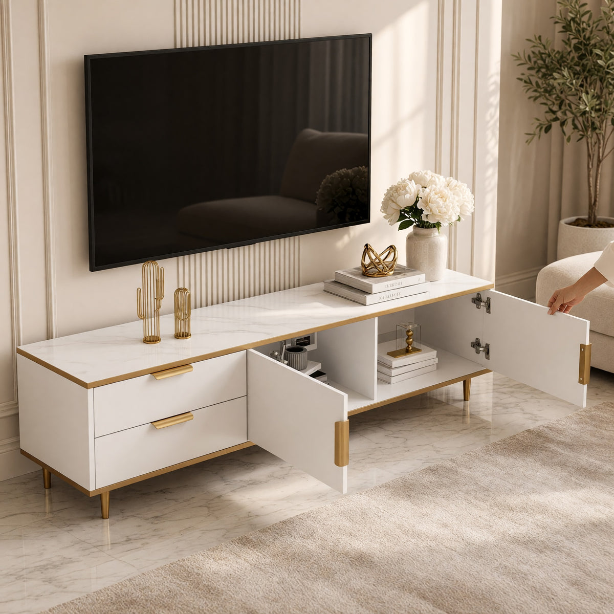TV Cabinet with Carved Texture and Golden Handles, 170 cm, White