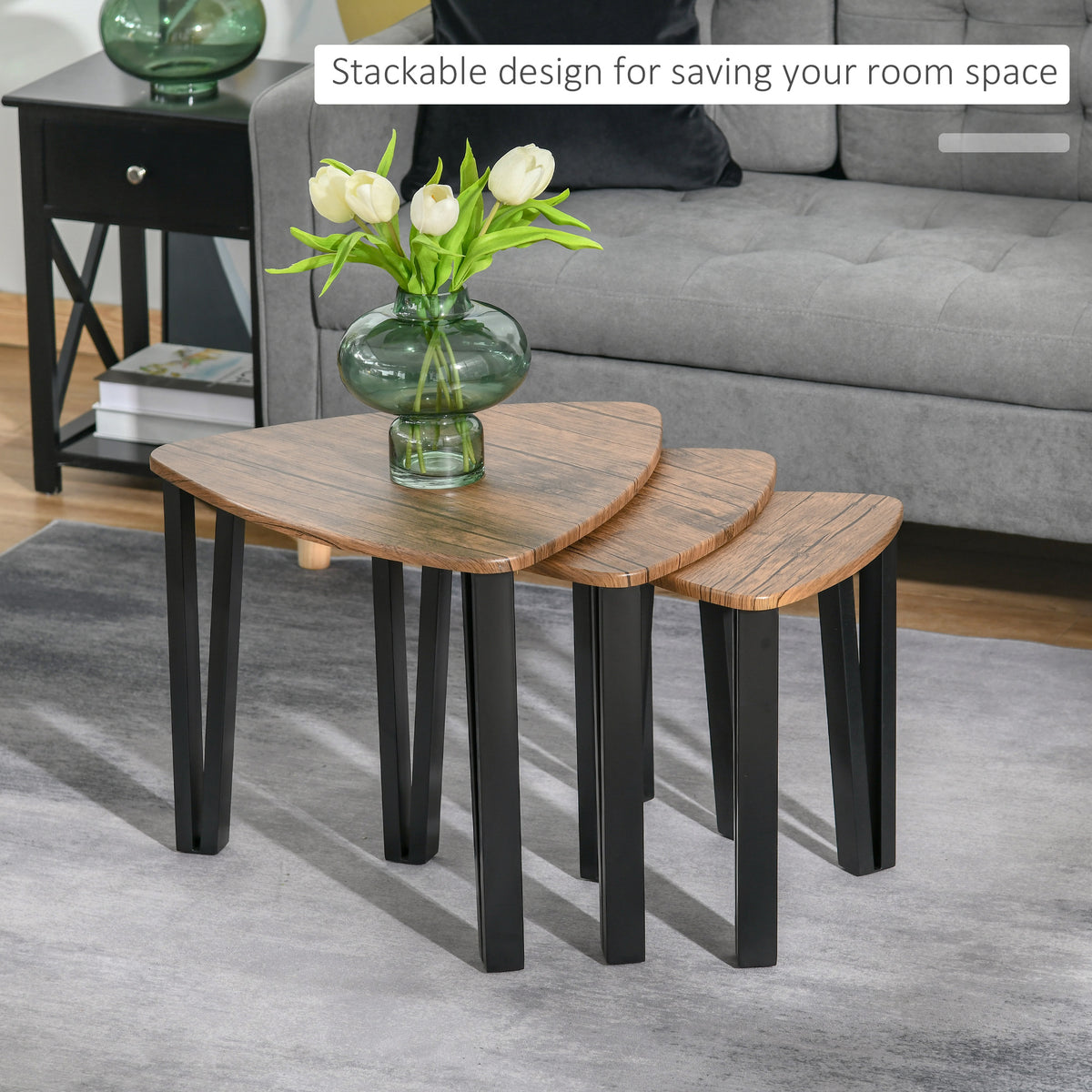 Triangle nesting coffee tables, set of 3, stacked to save space