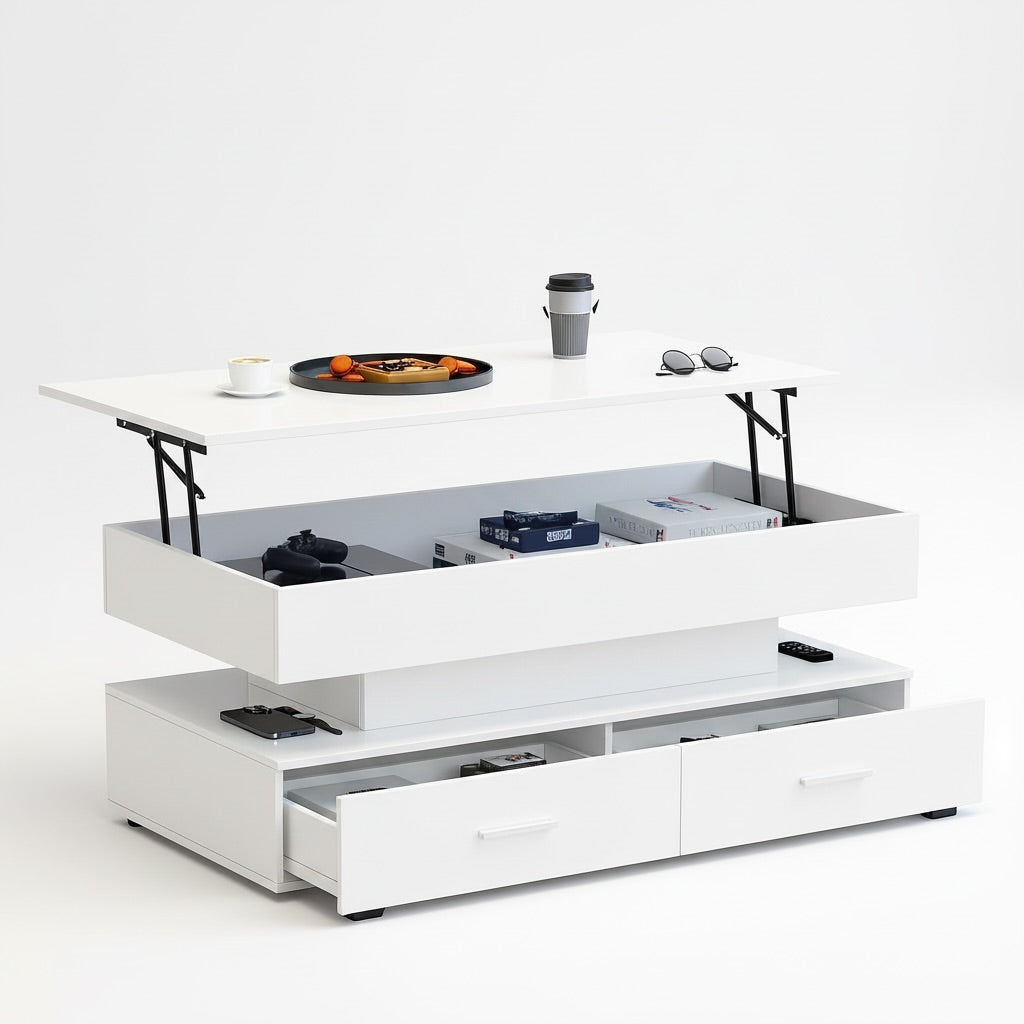 Hydraulic Lift-Top Coffee Table with App-Controlled LED, 100 cm, White