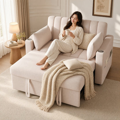 Multi-Function Sofa Bed with Adjustable Backrest, Beige