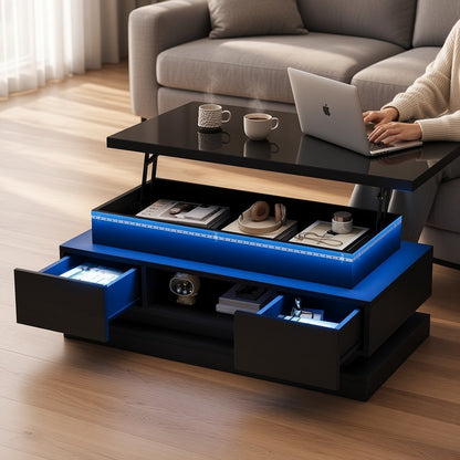 Hydraulic Lift-Top Coffee Table with App-Controlled LED, 100 cm, Black