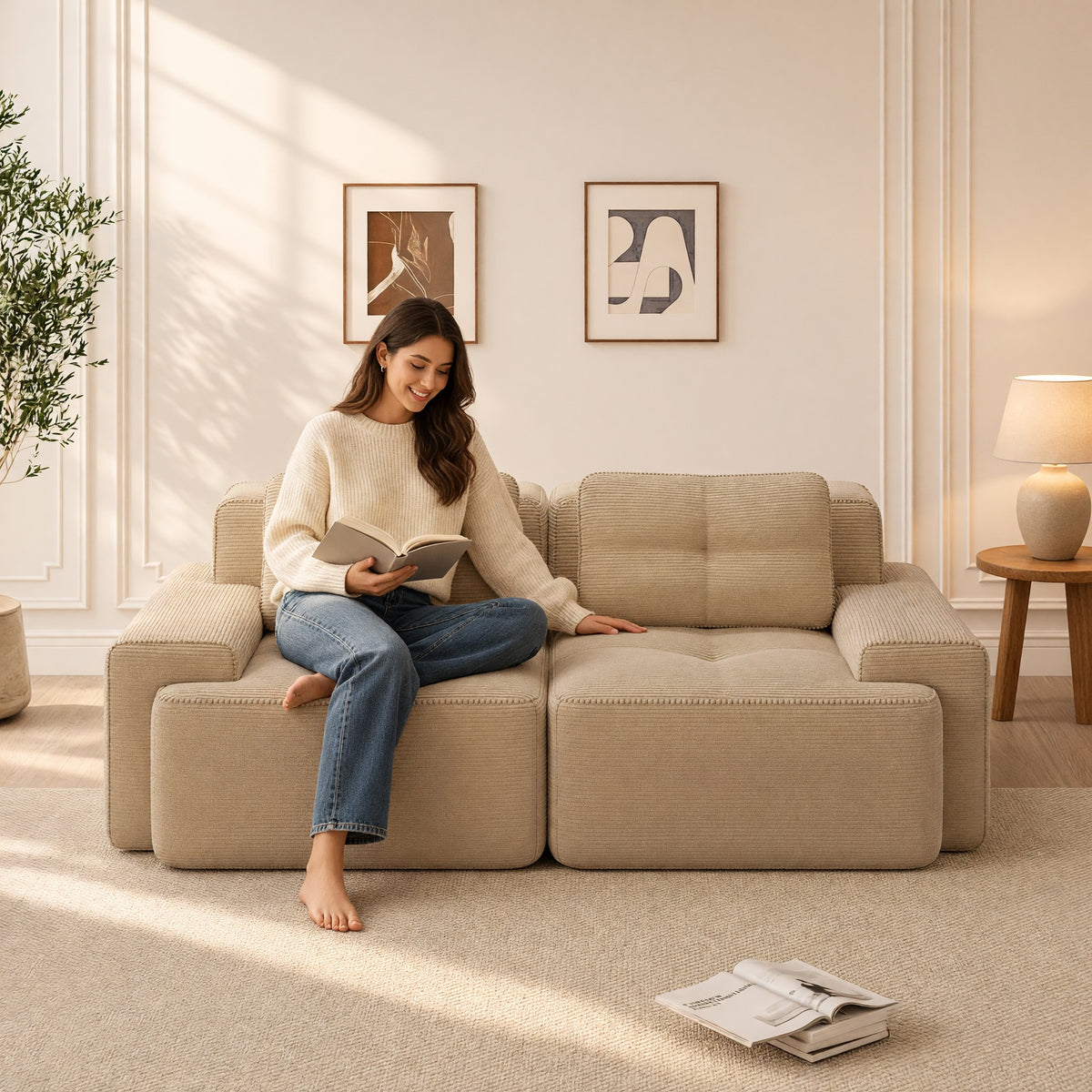 Cloud Loveseat Sofa Bed, 2-Seater Modular Corduroy Sofa, Beige