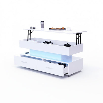 Hydraulic Lift-Top Coffee Table with App-Controlled LED, 100 cm, White