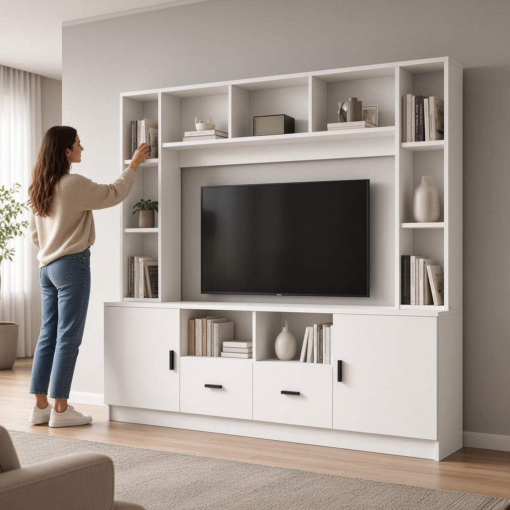 White TV Wall Unit with Display Showcase, 180 × 35 × 170 cm, Media Wall