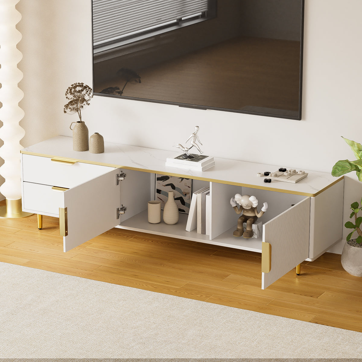 TV cabinet with carved texture and golden handles