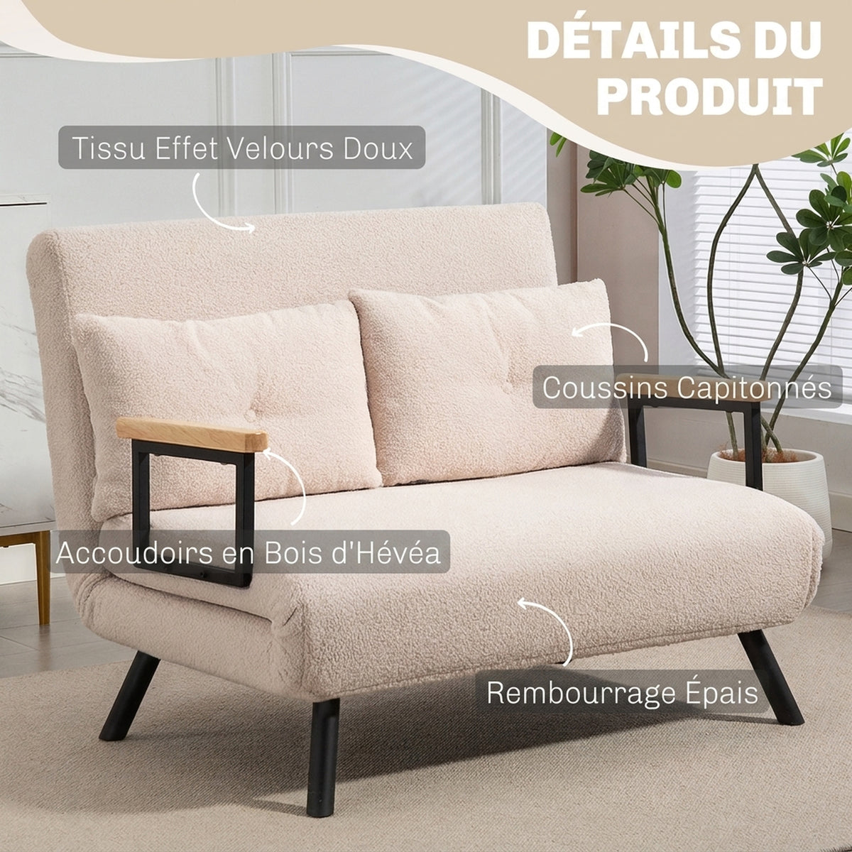 4-in-1 Convertible 2-Seater Sofa Bed – 5-Position Backrest, 2 Cushions, Beige