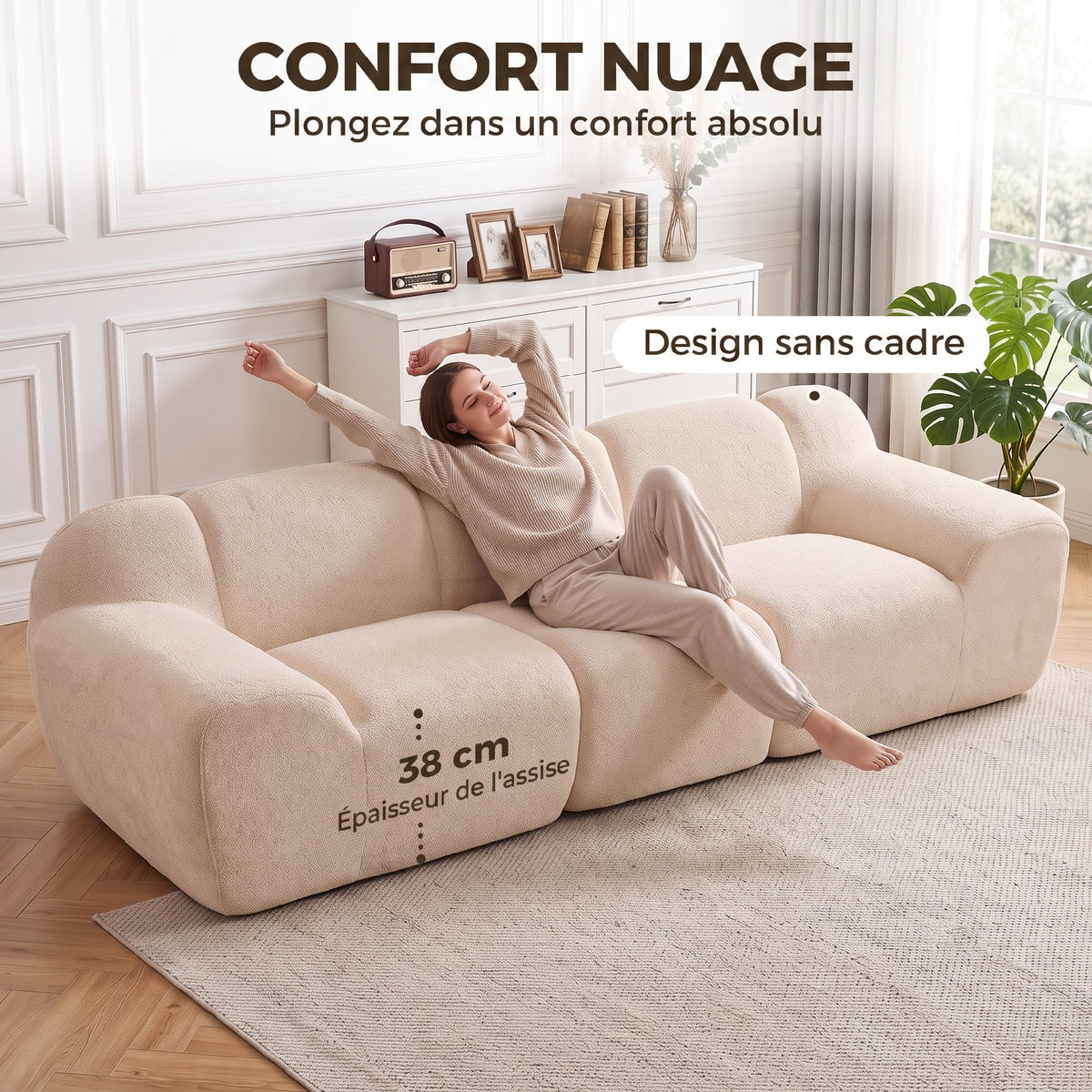 3-Seater Cloud Sofa 233cm – Chenille, Deep Seat, Wide Armrests, Beige