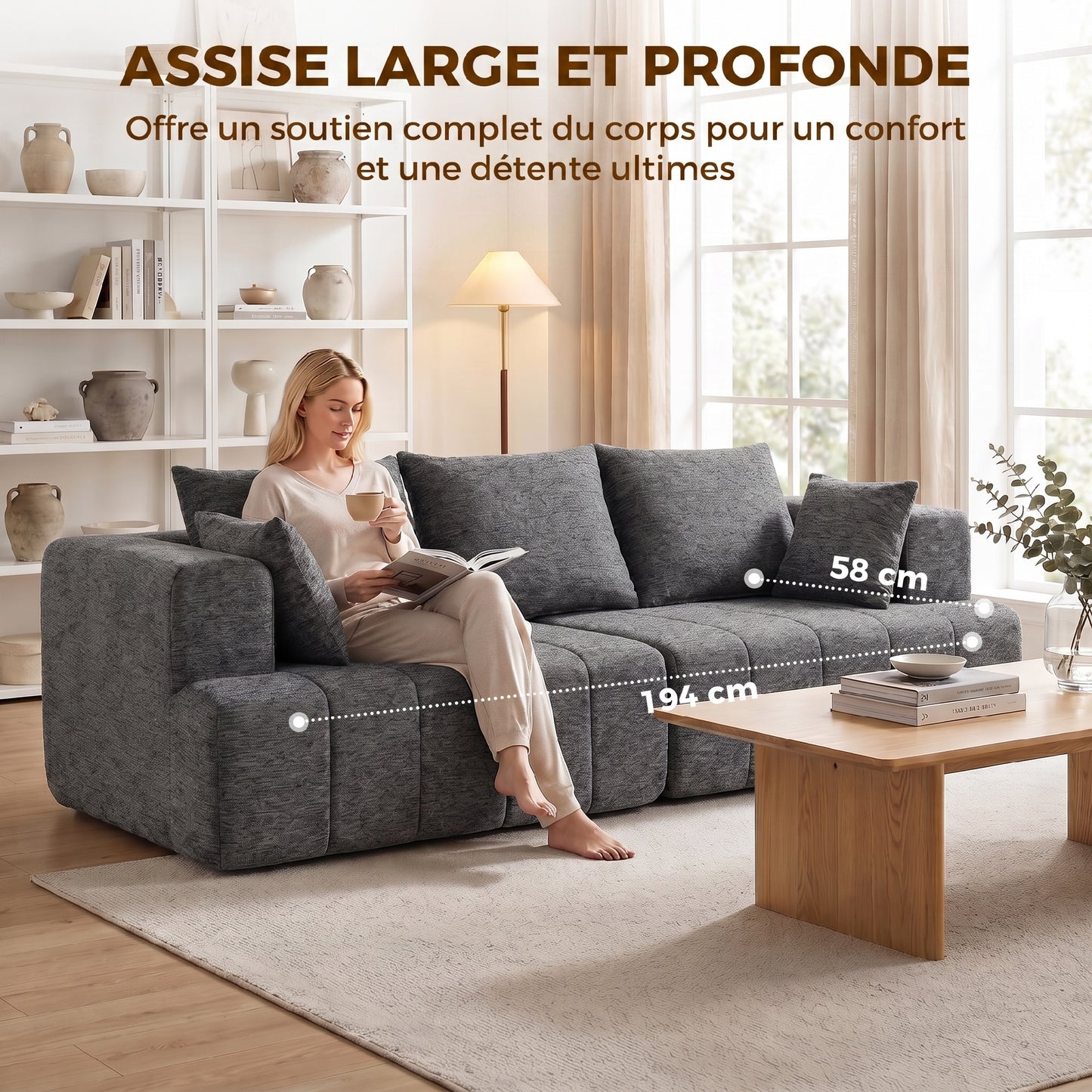 3-Seater Chenille Sofa 248cm – Modern, Wide Cushioned Seat, Spring Cushions, Grey