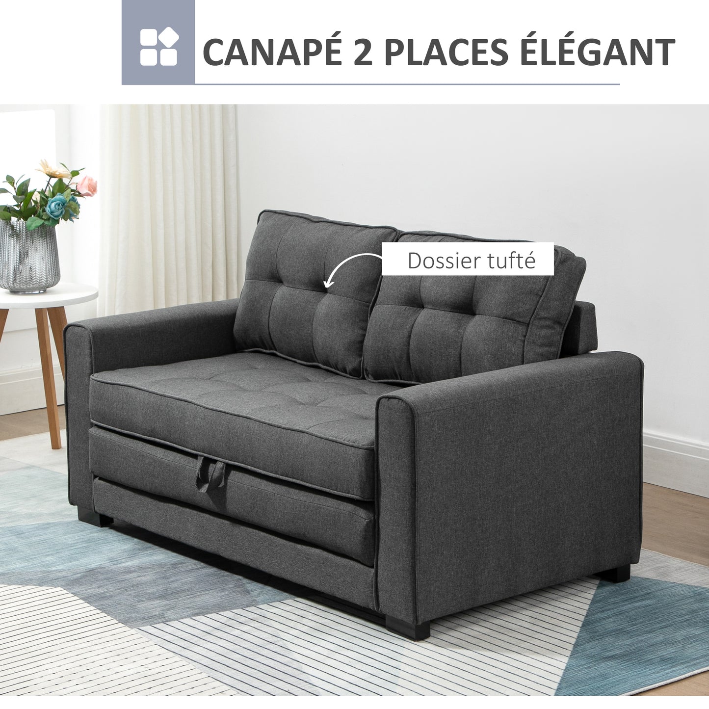 Canapé Convertible 2 Places Gris Capitonné – Confort Contemporain
